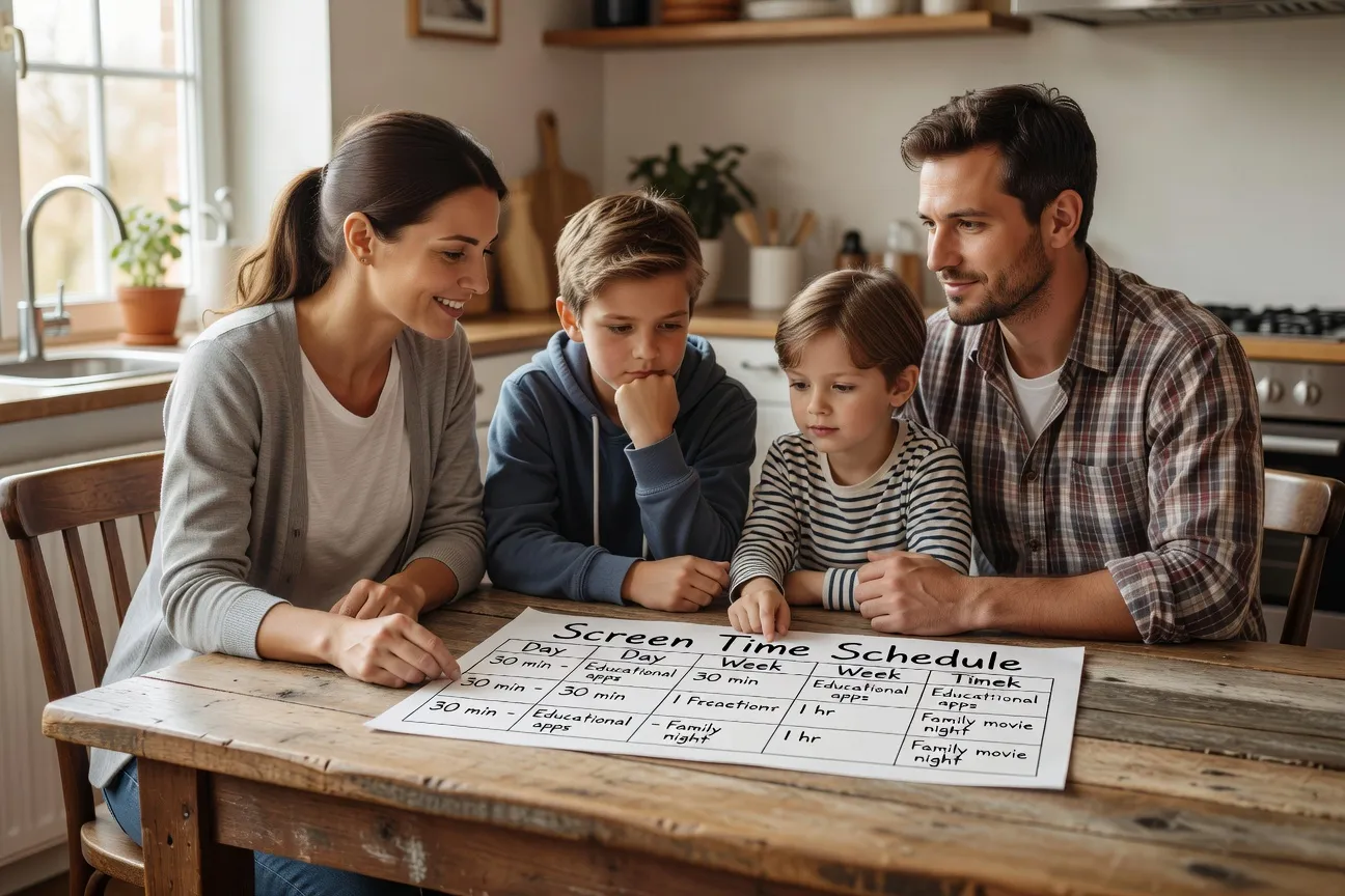 Famille autour d’une table de cuisine discutant calmement des règles d’utilisation des écrans
