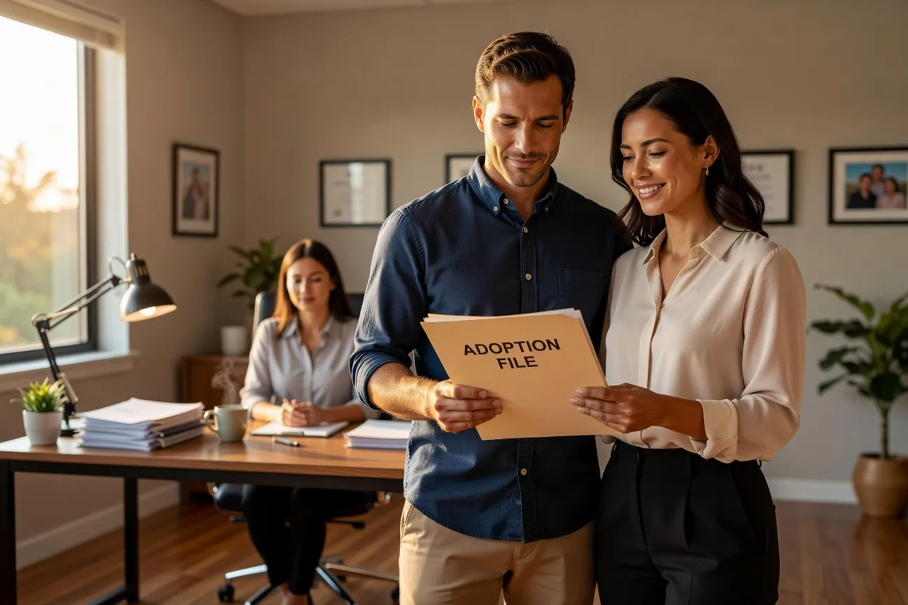 Couple tenant un dossier d’adoption avec espoir, bureau de travailleuse sociale visible en arrière-plan