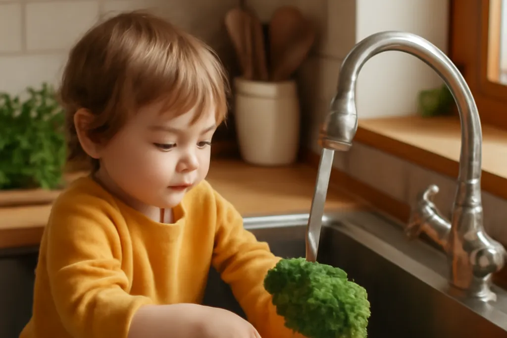 Enfant lavant des légumes frais à l'évier de la cuisine