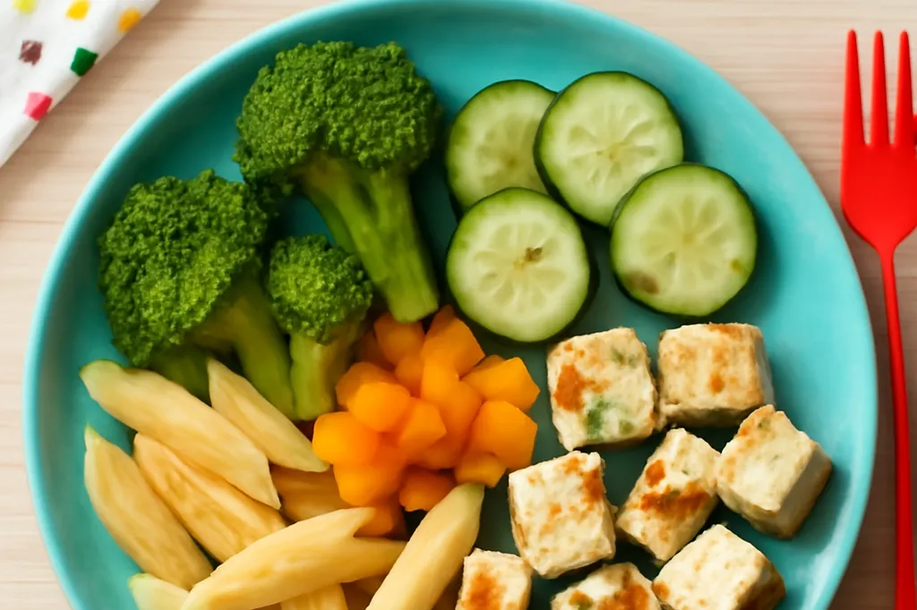 Assiette équilibrée et colorée avec des légumes, des féculents et des protéines