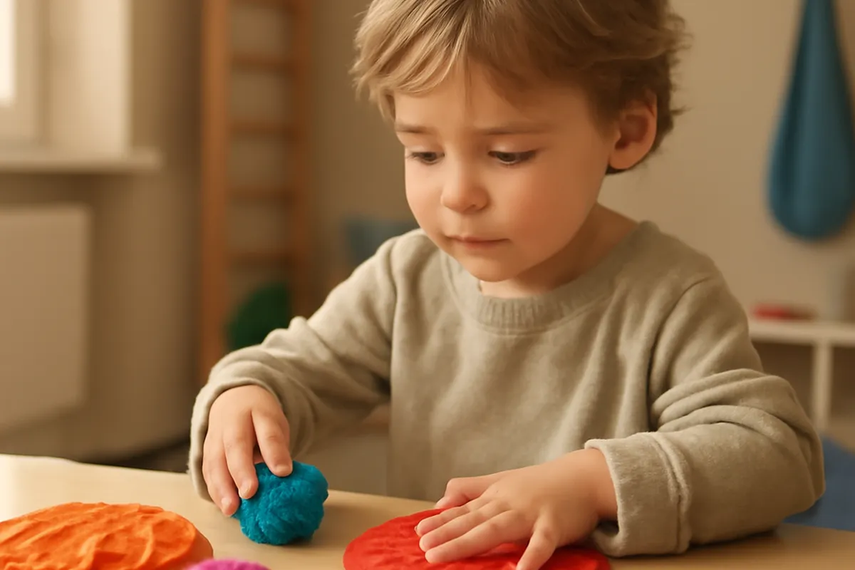 Enfant concentré en pleine activité sensorielle et créative