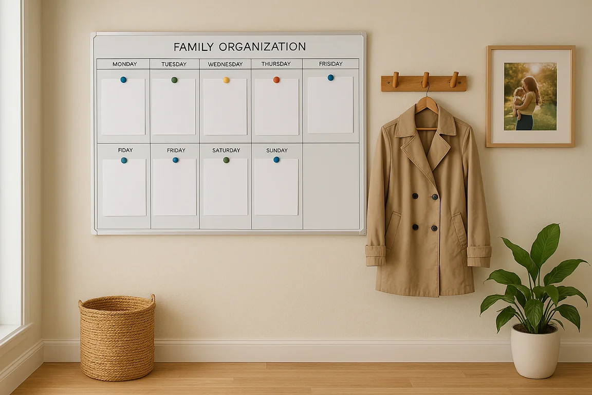 Tableau mural d'organisation familial avec un emplacement par jour de la semaine, accroché dans l'entrée de la maison