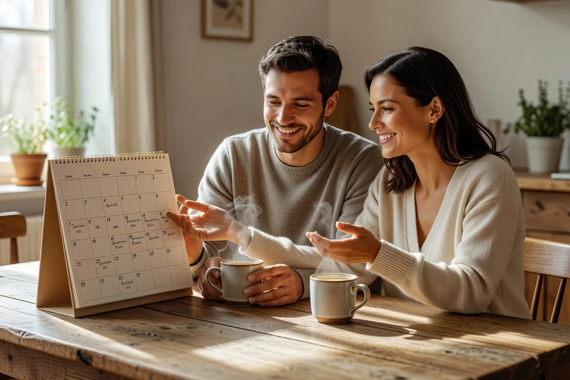 Couple en réunion de coordination hebdomadaire devant un calendrier partagé posé sur la table