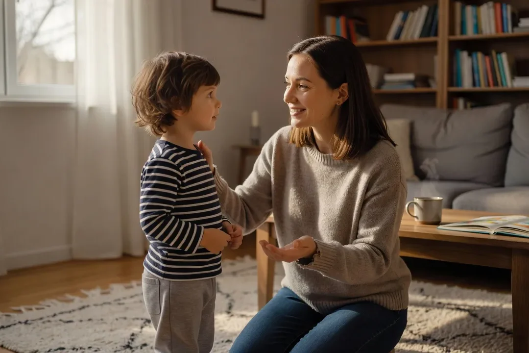 Parent s’agenouillant pour se mettre au niveau de son enfant en crise, posture d’empathie