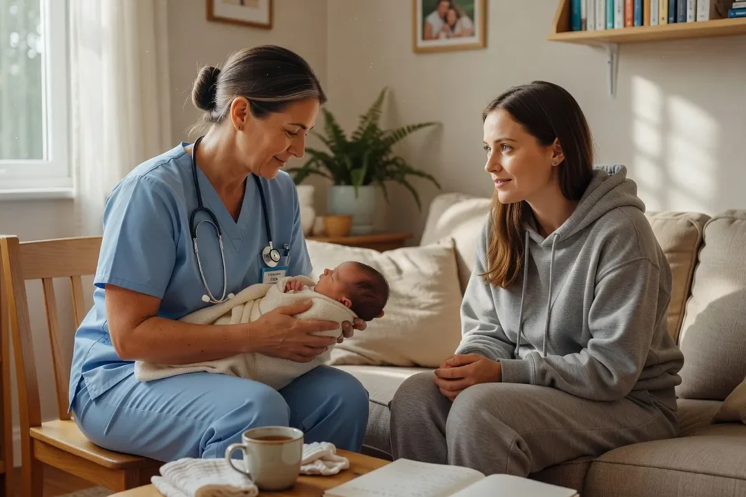 Sage-femme en consultation avec une nouvelle maman et son nourrisson, atmosphère bienveillante