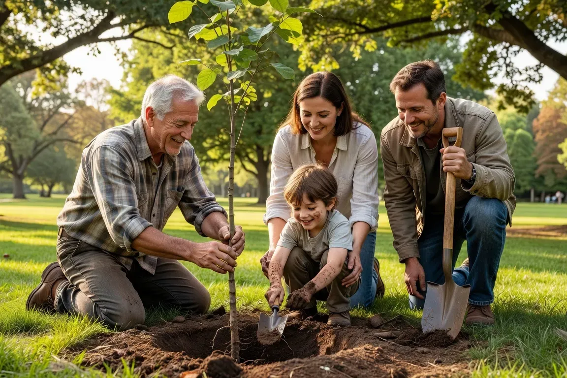 Famille plantant un arbre ensemble dans un parc, grands-parents, parents et enfant, symbole d’espoir