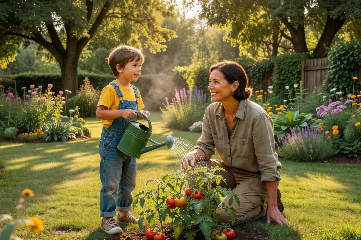 Parent et enfant discutant dans un jardin, l’enfant arrose des plantes, atmosphère chaleureuse
