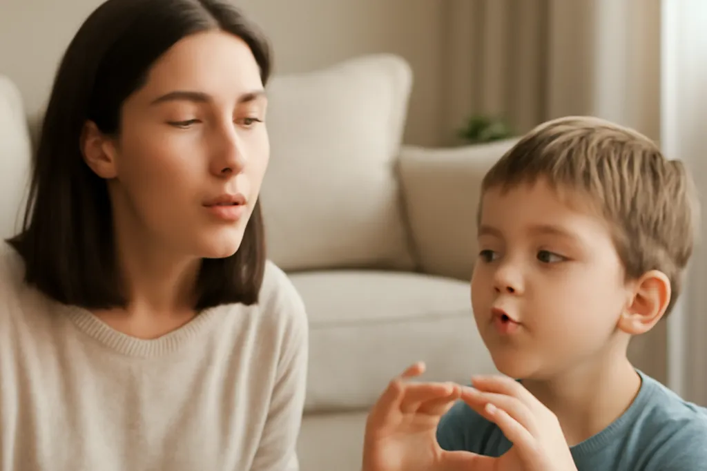 Parent écoutant attentivement son enfant lors d'un moment calme à la maison