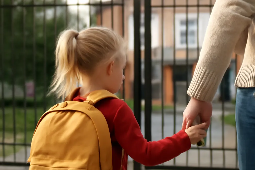 Petite fille avec son cartable tenant la main d'un parent devant l'école