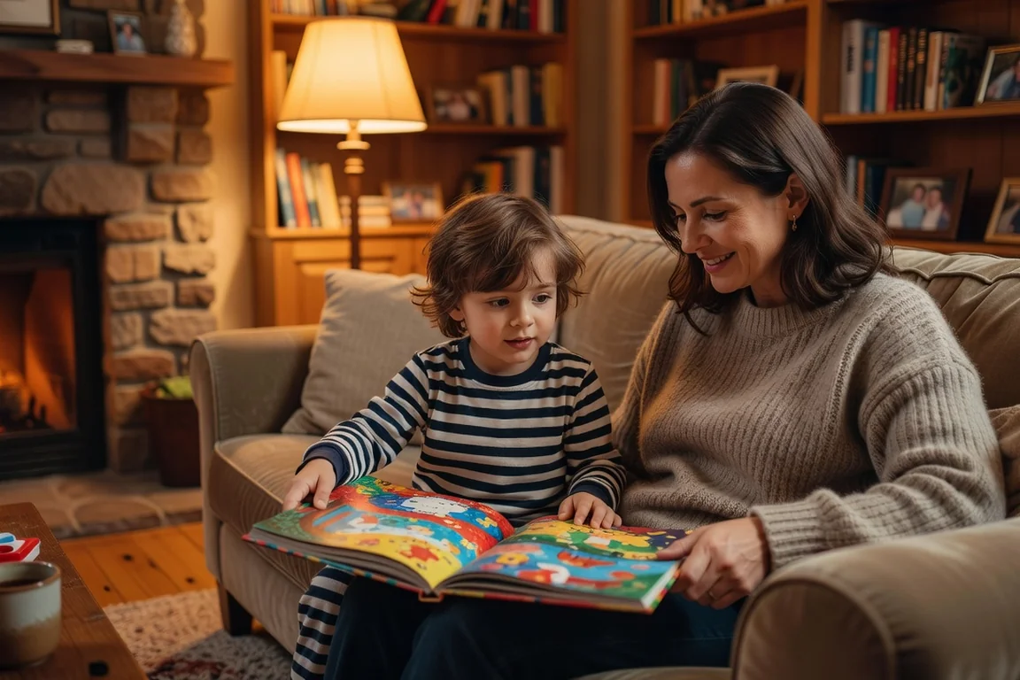Enfant montrant un livre illustré bilingue à son parent pendant une lecture du soir, ambiance chaleureuse du salon