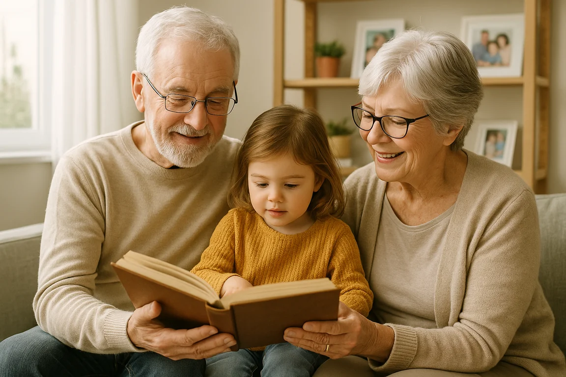 Grands-parents lisant une histoire à leur petit-enfant dans la langue familiale, salon lumineux avec des photos de famille sur une étagère