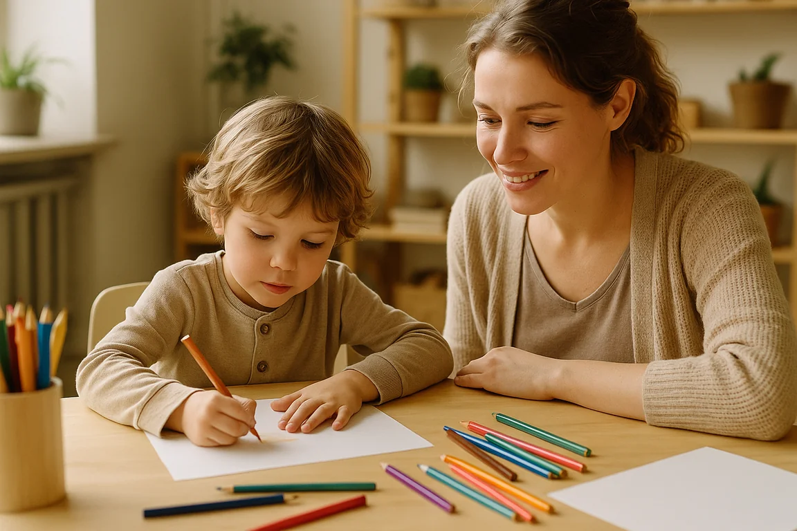 Enfant dessinant au crayon avec une adulte lors d'un atelier de soutien après un deuil