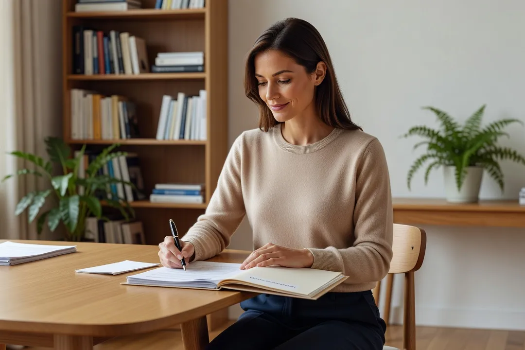 Parent préparant un dossier MDPH avec documents et certificat médical sur la table du salon