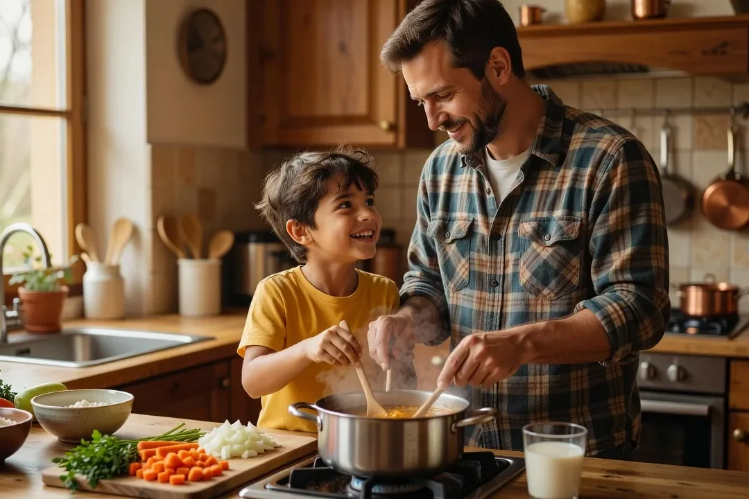 Beau-parent et enfant en train de cuisiner ensemble, atmosphère détendue et complice