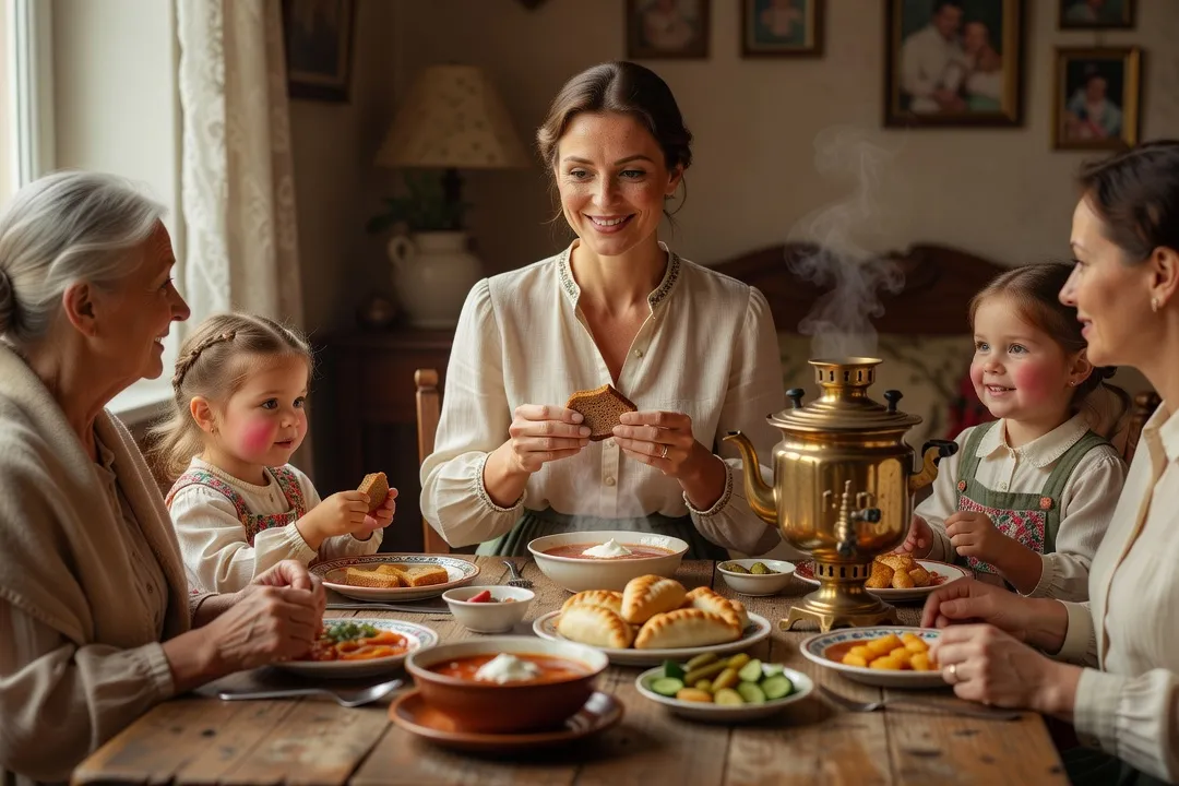 Repas de famille russe autour d'une grande table, plusieurs générations réunies