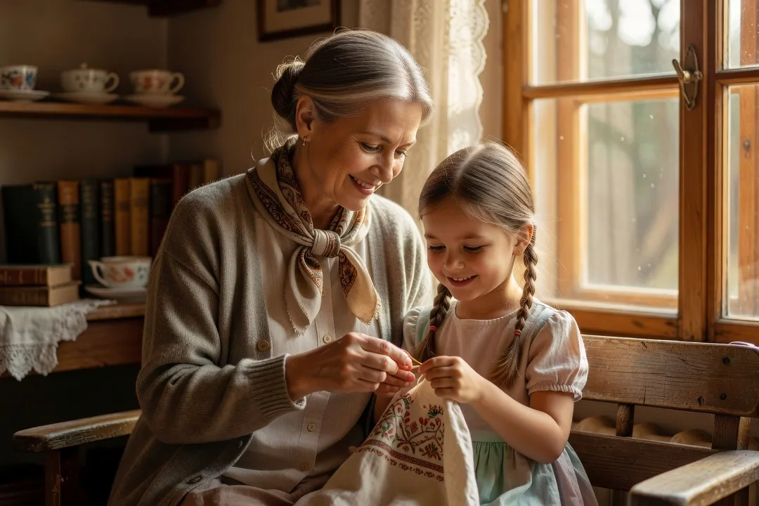 Grand-mère et petite-fille russes partageant un moment de transmission intergénérationnelle