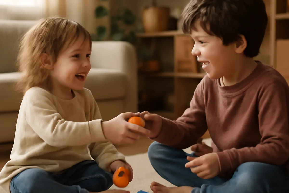 Deux enfants jouant ensemble avec des jouets, complices dans le salon familial