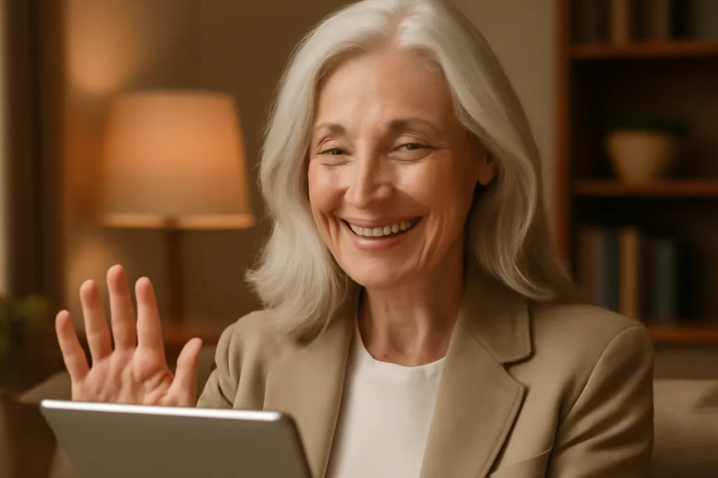 Grand-parent en appel vidéo souriant avec son petit-enfant sur une tablette