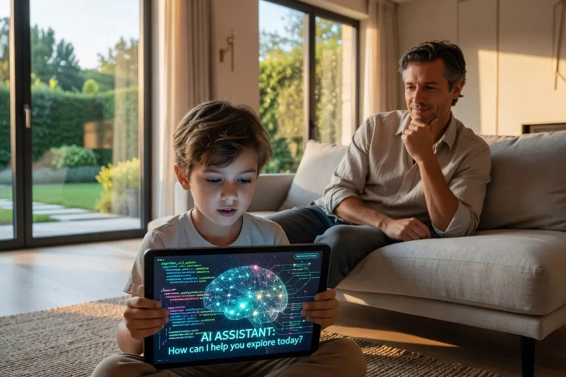 Enfant utilisant une tablette avec une interface IA, expression curieuse, parent observant avec intérêt depuis l’arrière-plan