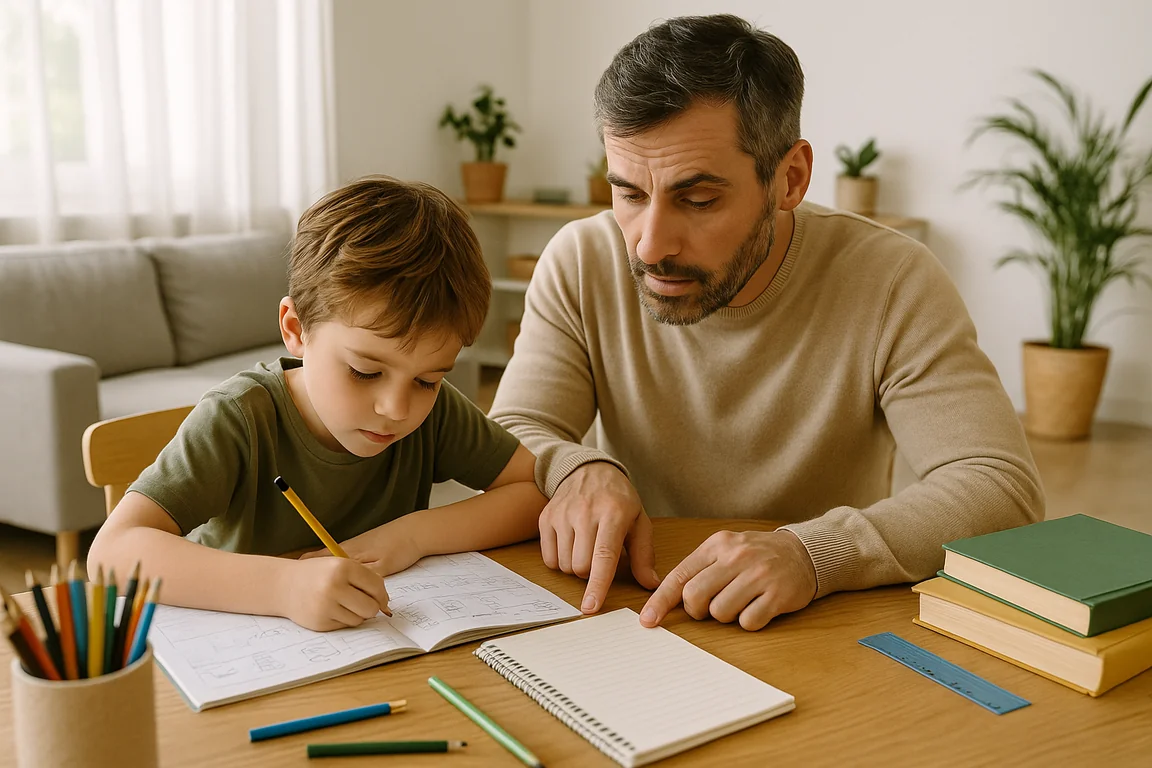 Enfant travaillant sur un cahier d'exercices à une table en bois pendant qu'un parent lui explique une leçon, matériel pédagogique et livres posés à côté
