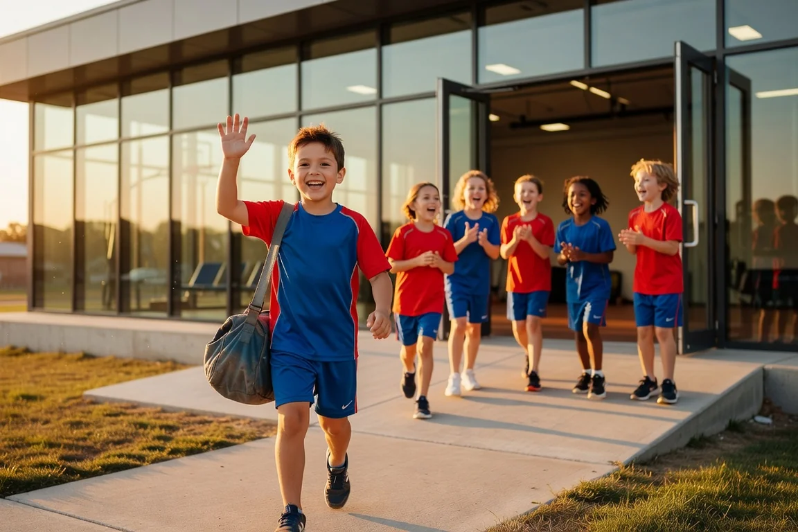 Enfant rejoignant un club sportif en tenue d'entraînement, sac sur l'épaule, salué par d'autres enfants devant un gymnase