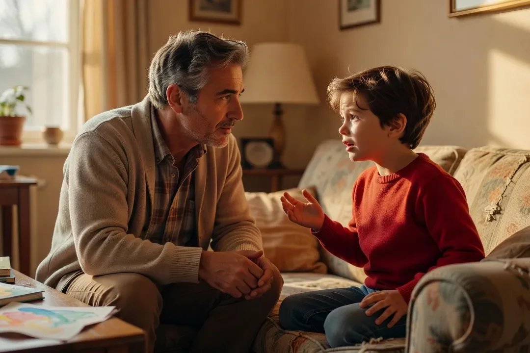 Père et enfant partageant un moment d’écoute empathique, connexion émotionnelle visible