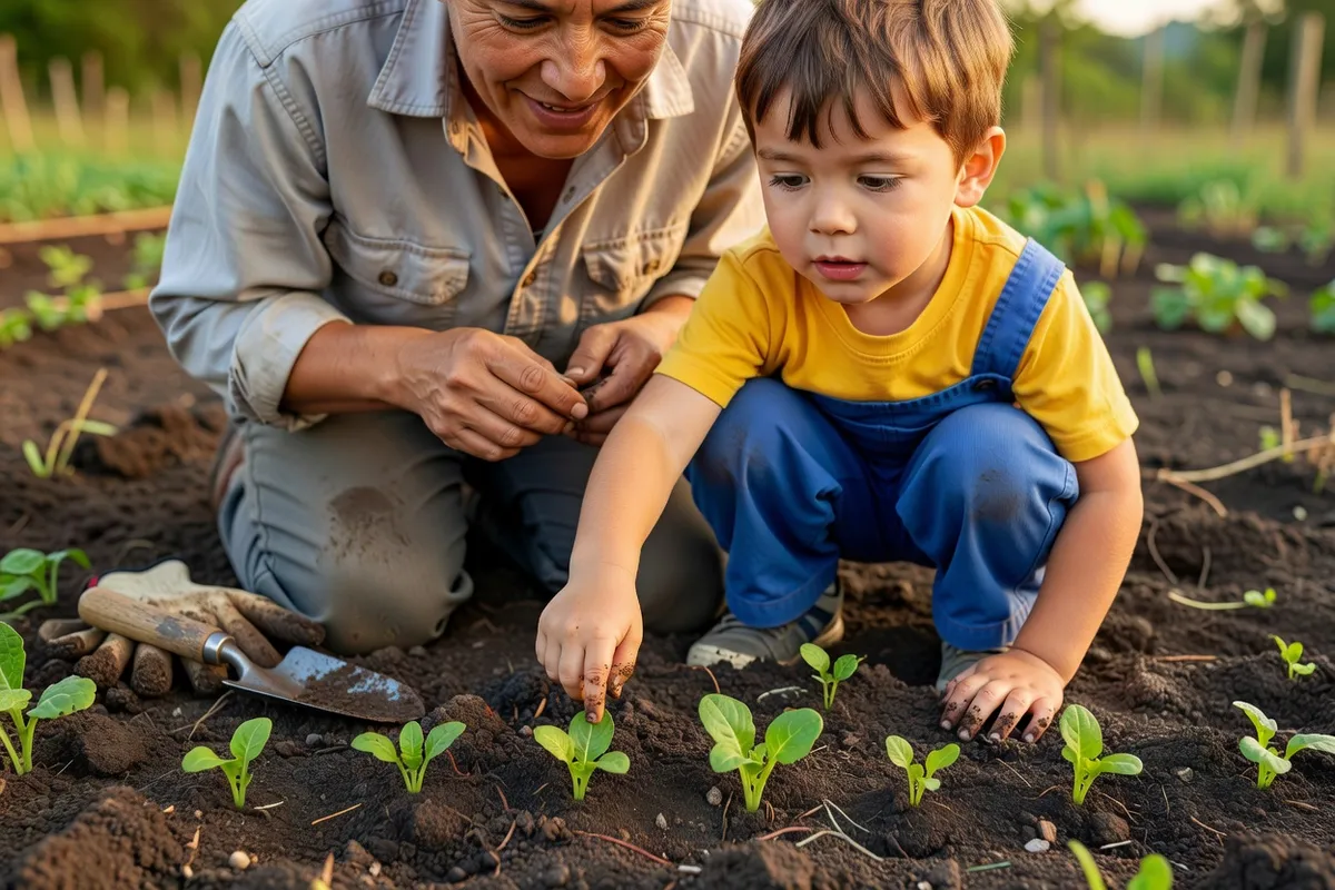 Enfant et parent agenouillés côte à côte devant un rang de jeunes pousses dans un potager familial