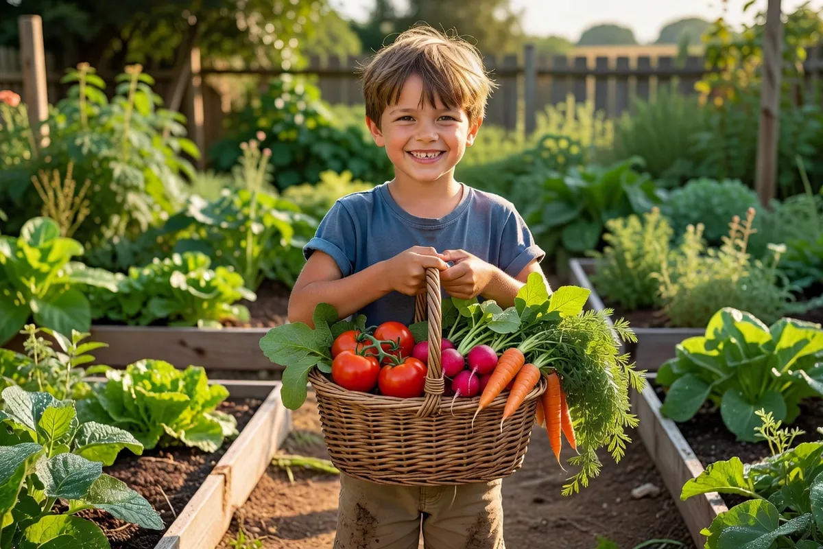 Enfant tenant fièrement un panier de légumes fraîchement récoltés dans le potager familial