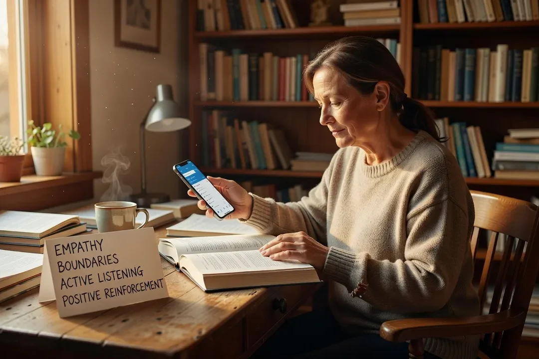 Parent consultant un livre avec un carnet de vocabulaire parental, atmosphère d’apprentissage, tons chauds