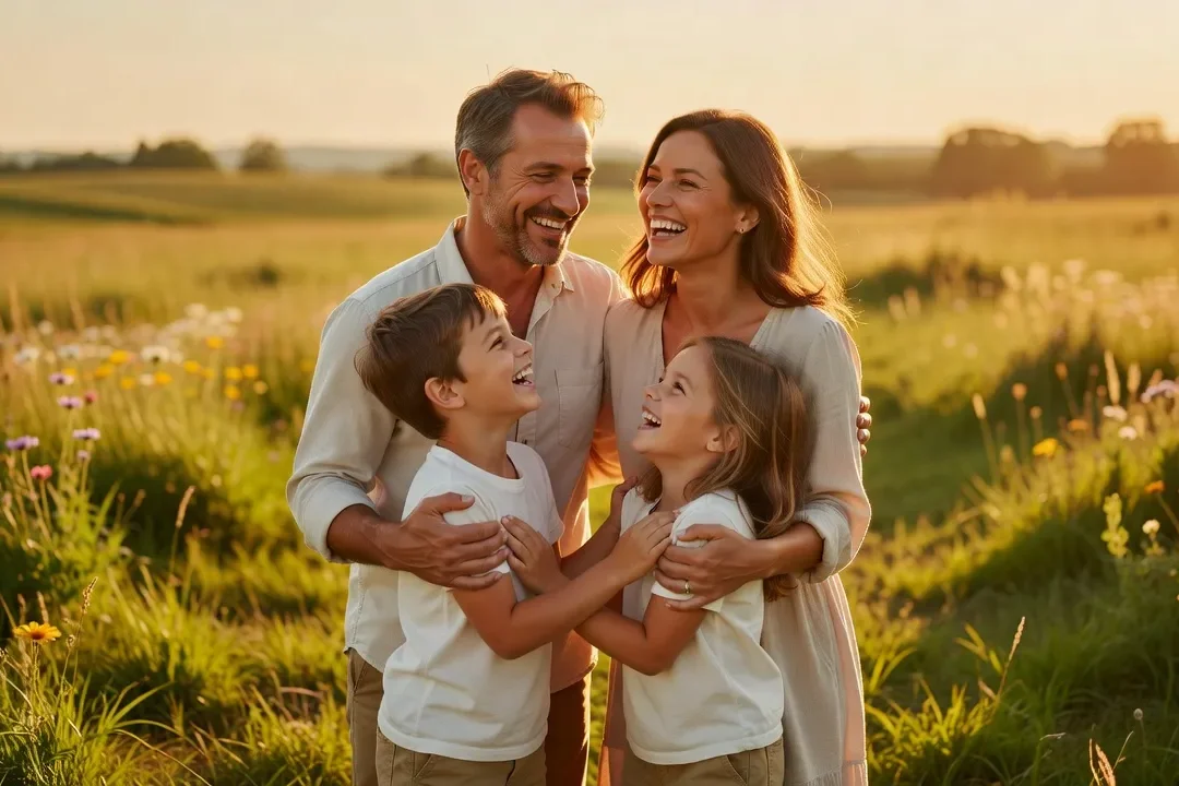 Famille heureuse en extérieur sous la lumière du soleil, symbolisant les résultats d’une parentalité consciente