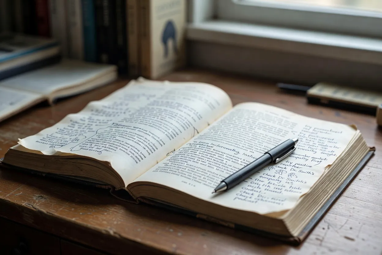 Gros plan sur un livre de parentalité ouvert avec des notes manuscrites en marge, stylo posé à côté, atmosphère studieuse