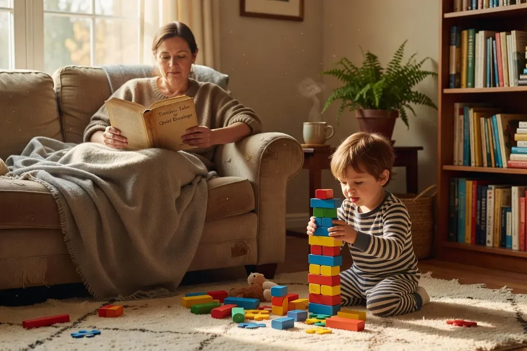Parent lisant un livre dans un fauteuil pendant que son enfant joue à proximité, moments parallèles, lumière douce