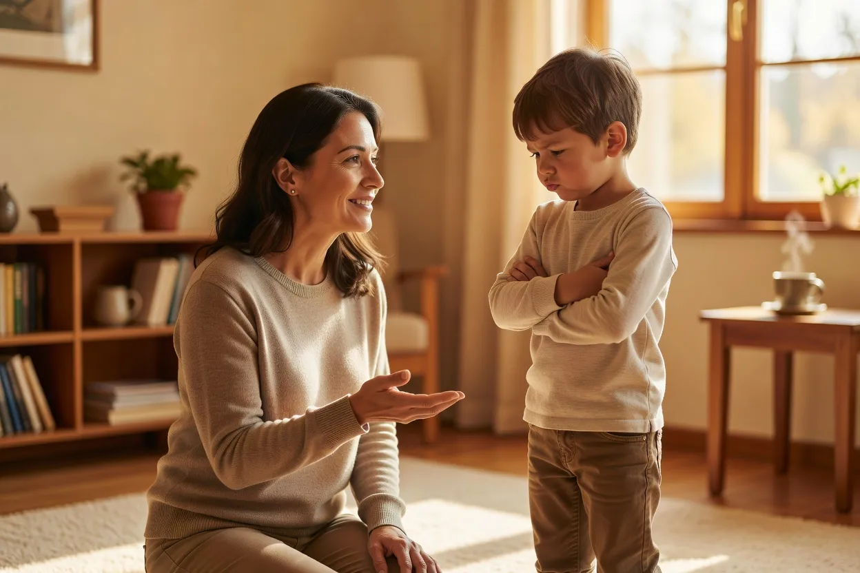 Parent posant une limite calmement à un enfant contrarié, dialogue respectueux et bienveillant