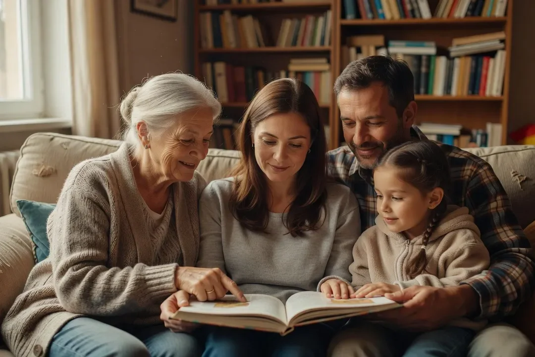 Famille lisant ensemble, activité partagée, complicité intergénérationnelle