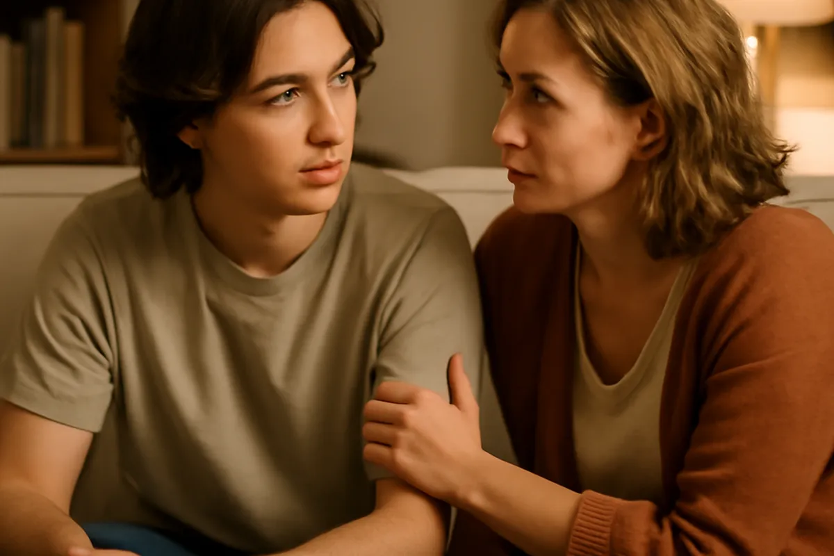 Mère et adolescent en conversation complice à la maison à propos de la puberté