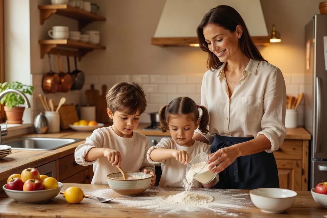 Enfant aidant un parent à préparer le repas en dressant la table dans la cuisine