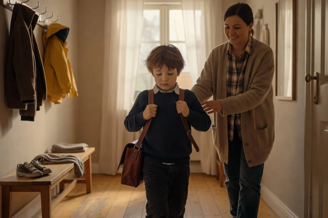Enfant prêt pour l'école, accompagné par un parent dans l'entrée