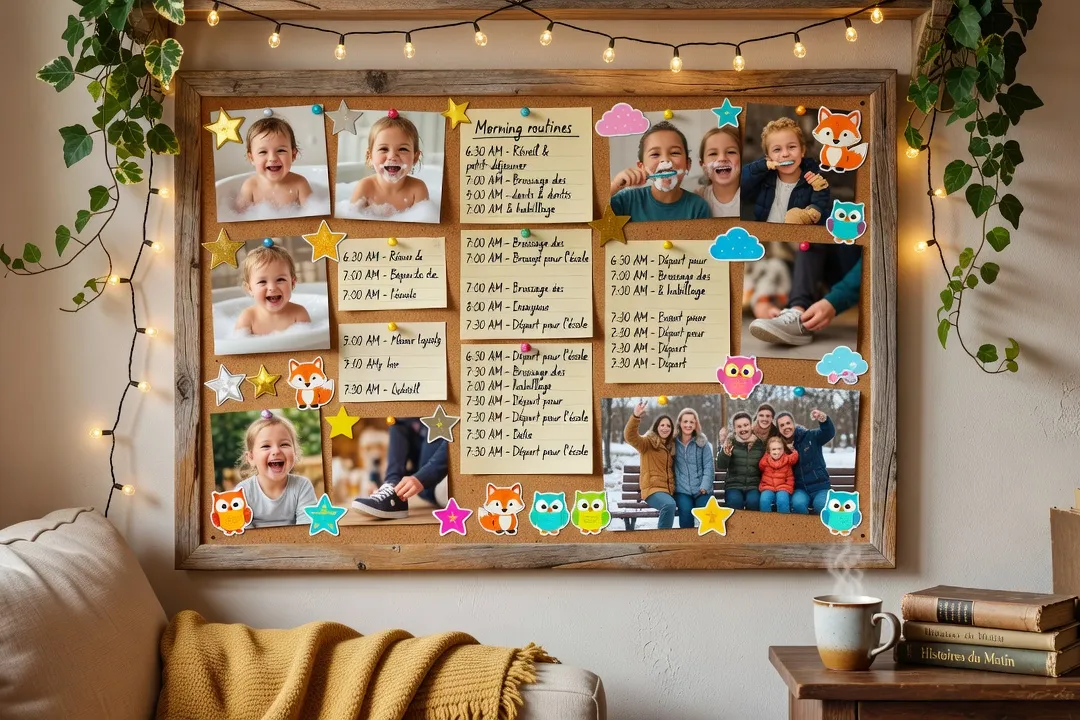 Tableau mural des routines matinales en famille avec photos et horaires