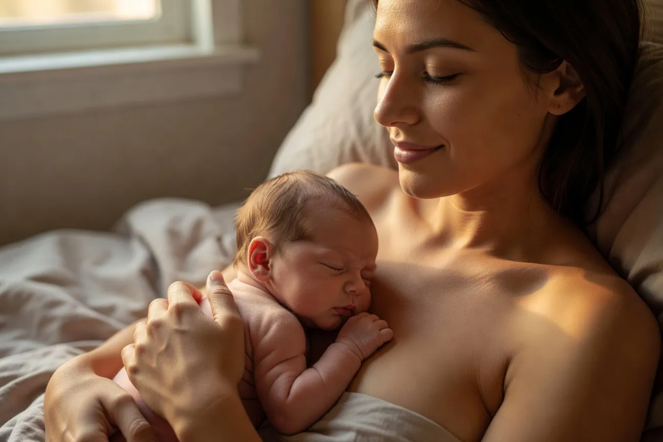 Mère et bébé ensemble, contact peau à peau, lien d’attachement apaisé