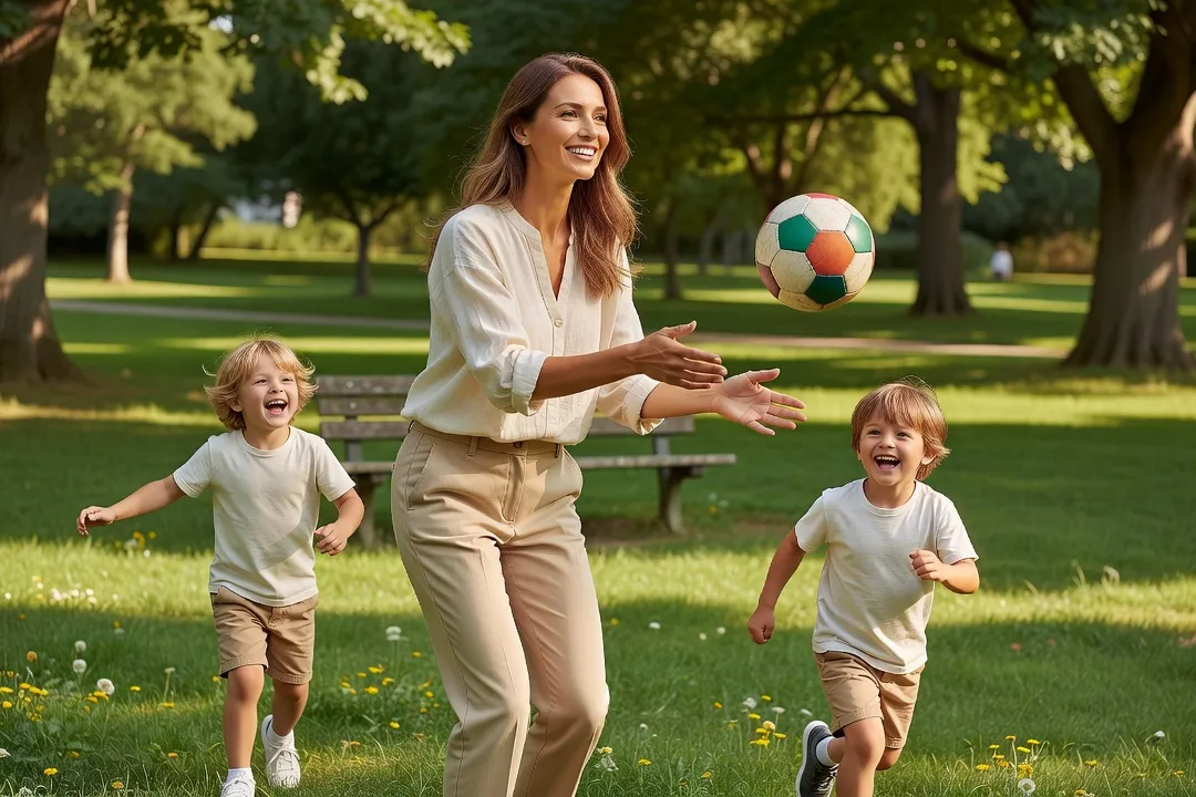 Famille marchant ensemble dans un parc verdoyant, parents et enfants en balade active