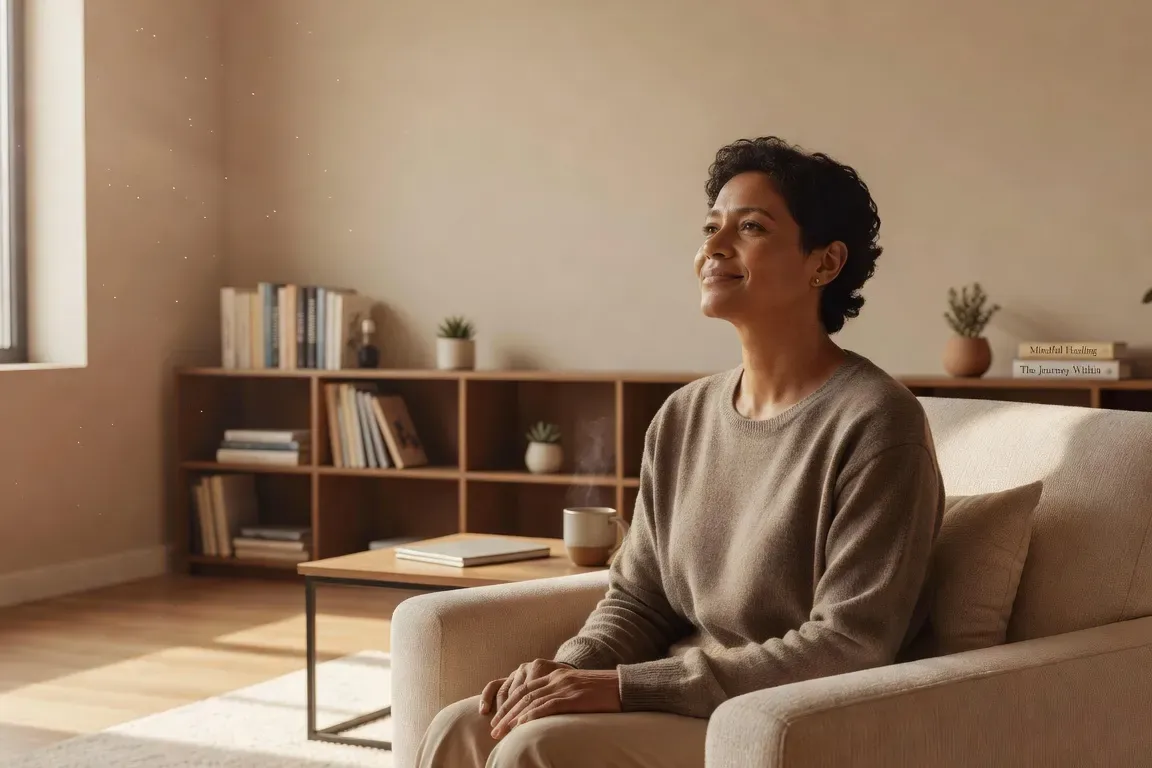Personne en thérapie, moment de guérison et d’introspection, lumière douce et atmosphère d’espoir