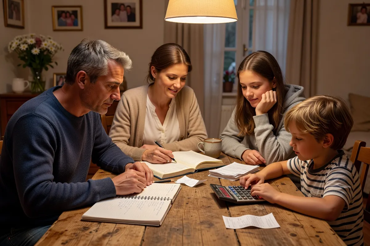 Famille française gérant son budget mensuel à table