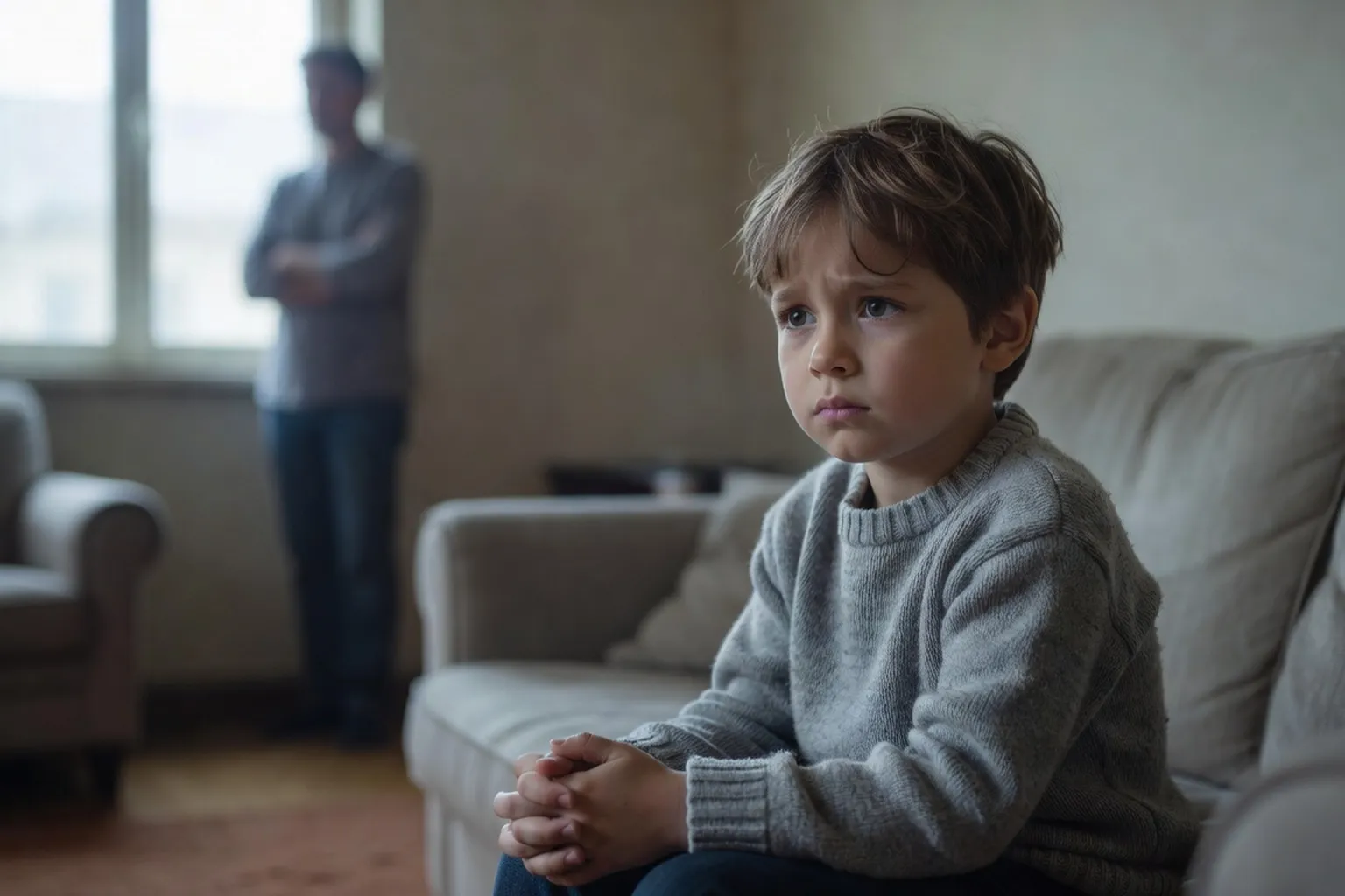 Représentation éditoriale du lien entre un parent en dépression et son jeune enfant, dans un intérieur calme