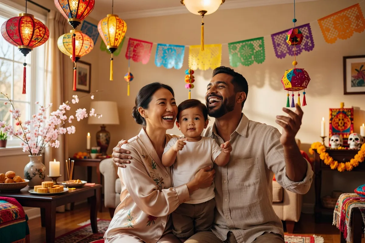 Famille biculturelle célébrant une fête traditionnelle