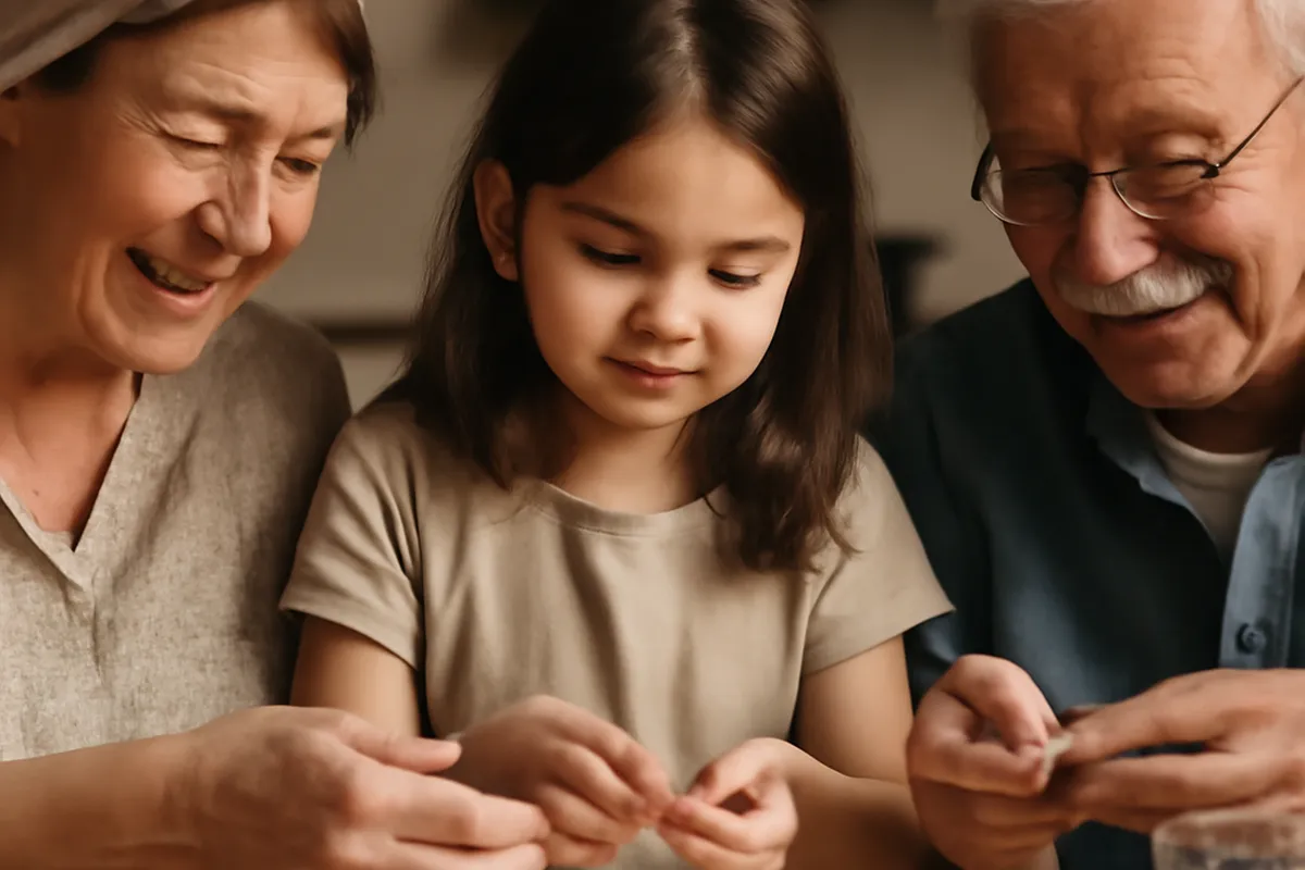 Grands-parents transmettant une tradition culturelle à un enfant