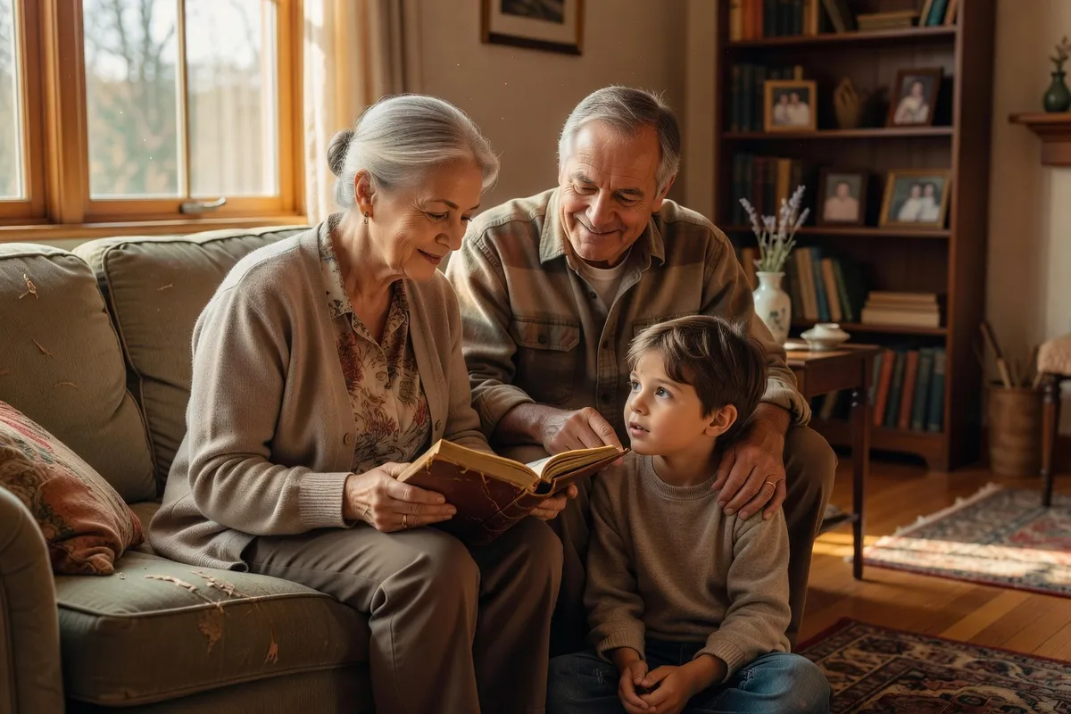 Grands-parents transmettant une tradition spirituelle à un enfant
