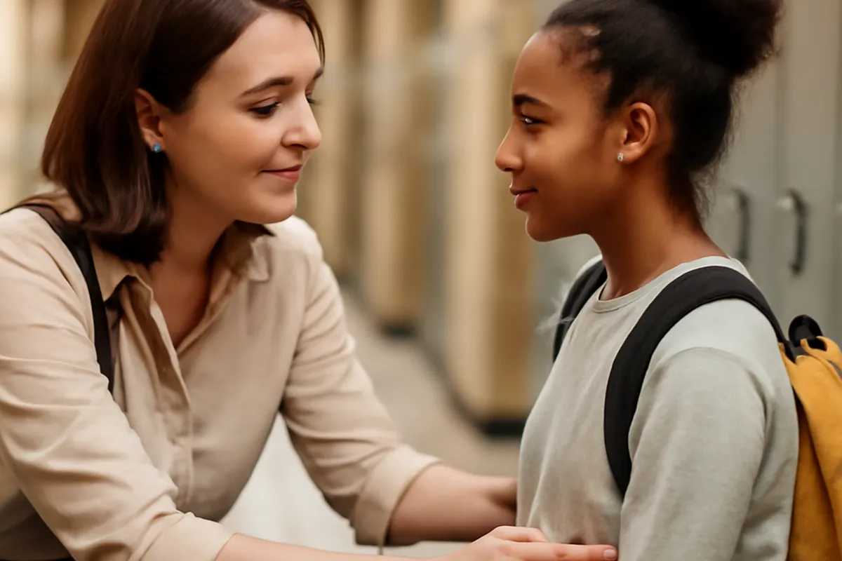 Enseignant en dialogue bienveillant avec un élève