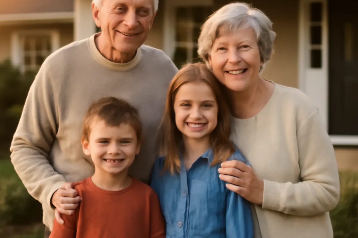 Grands-parents et petits-enfants devant une maison familiale