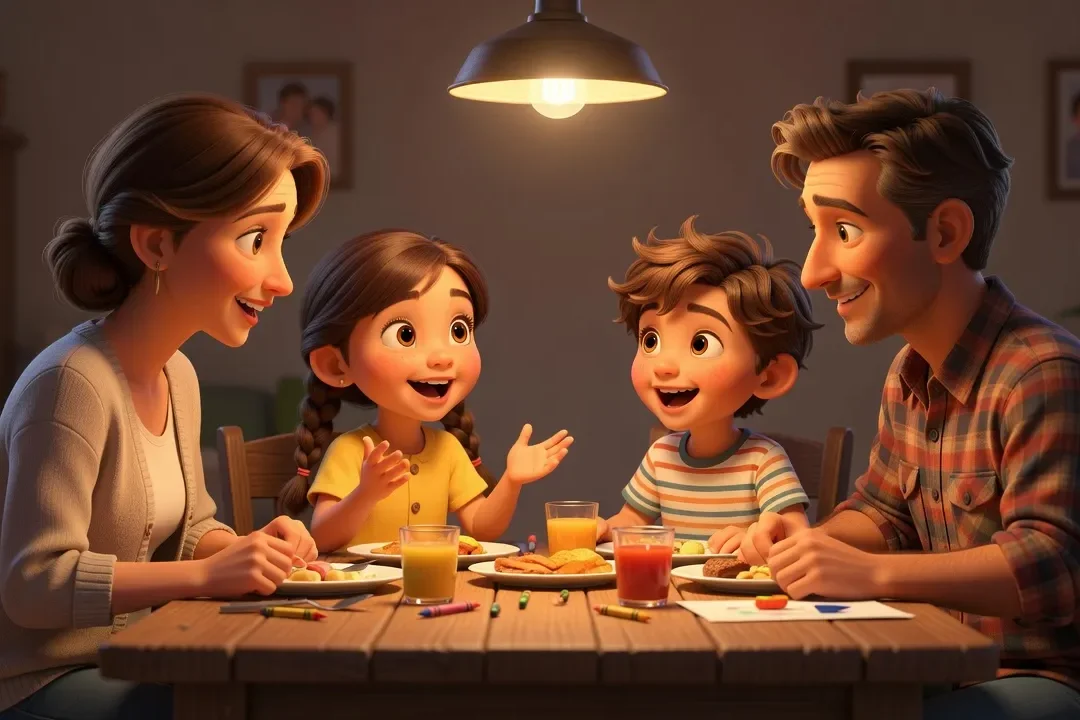 Parents et enfants assis en cercle pour un rituel de communication familiale hebdomadaire