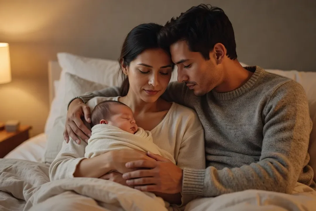 Nouvelle maman souriante avec son bébé, lumière naturelle apaisante